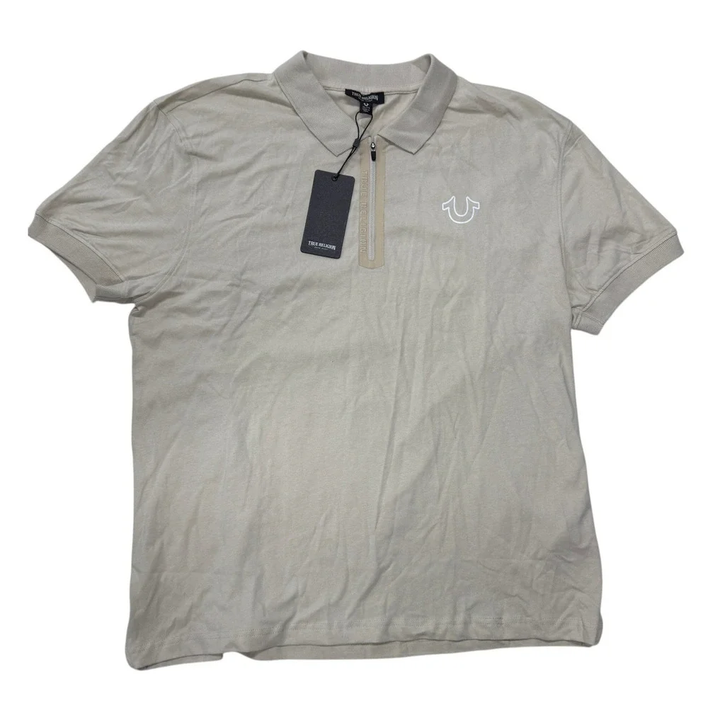 True Religion Logo Zipper Tape Polo Shirt Mens XL Fog Beige Zip 108088 NEW NWT